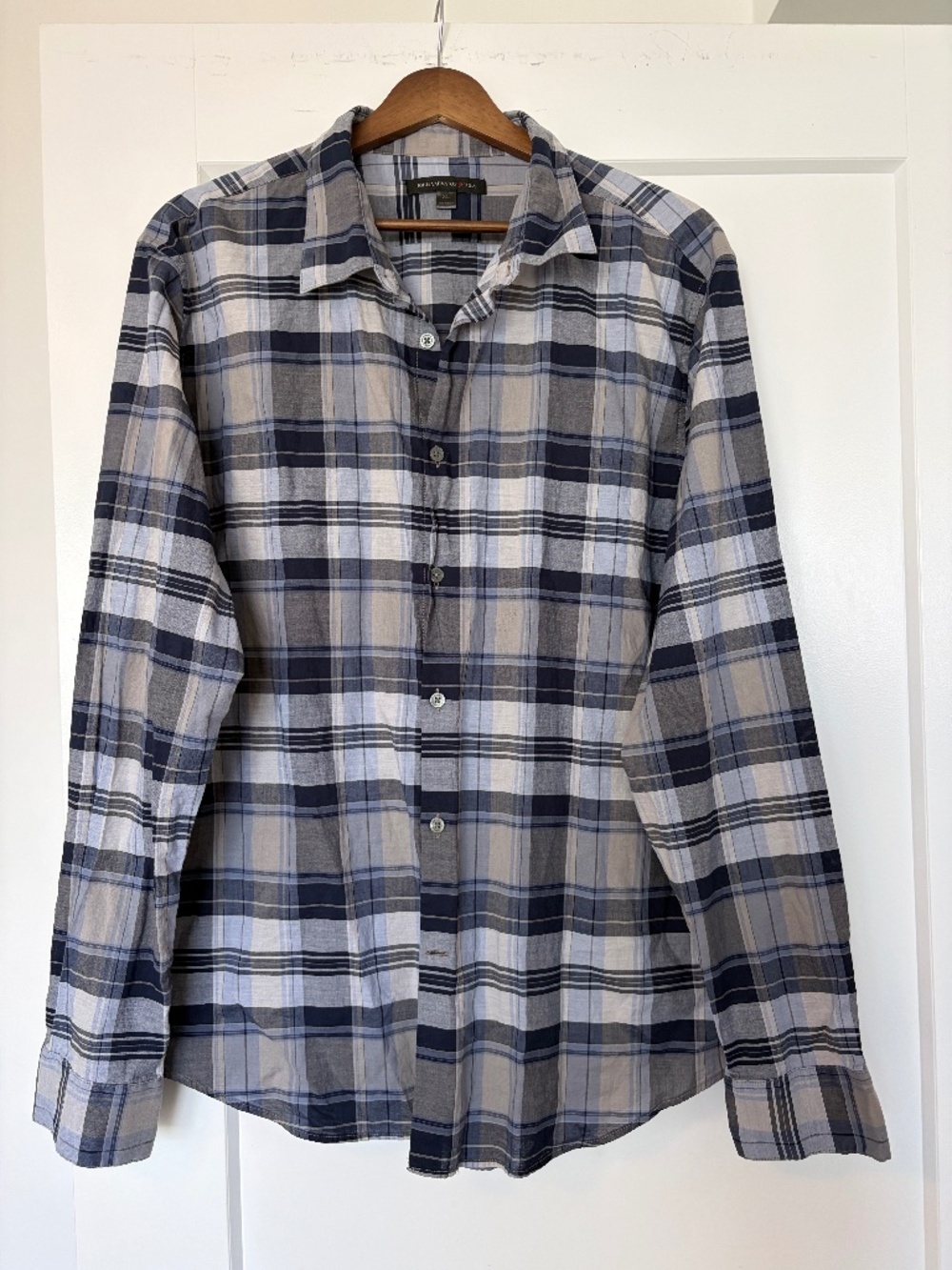 John Varvatos USA Casual Shirt Size XL Blue Gray Plaid 100% Cotton